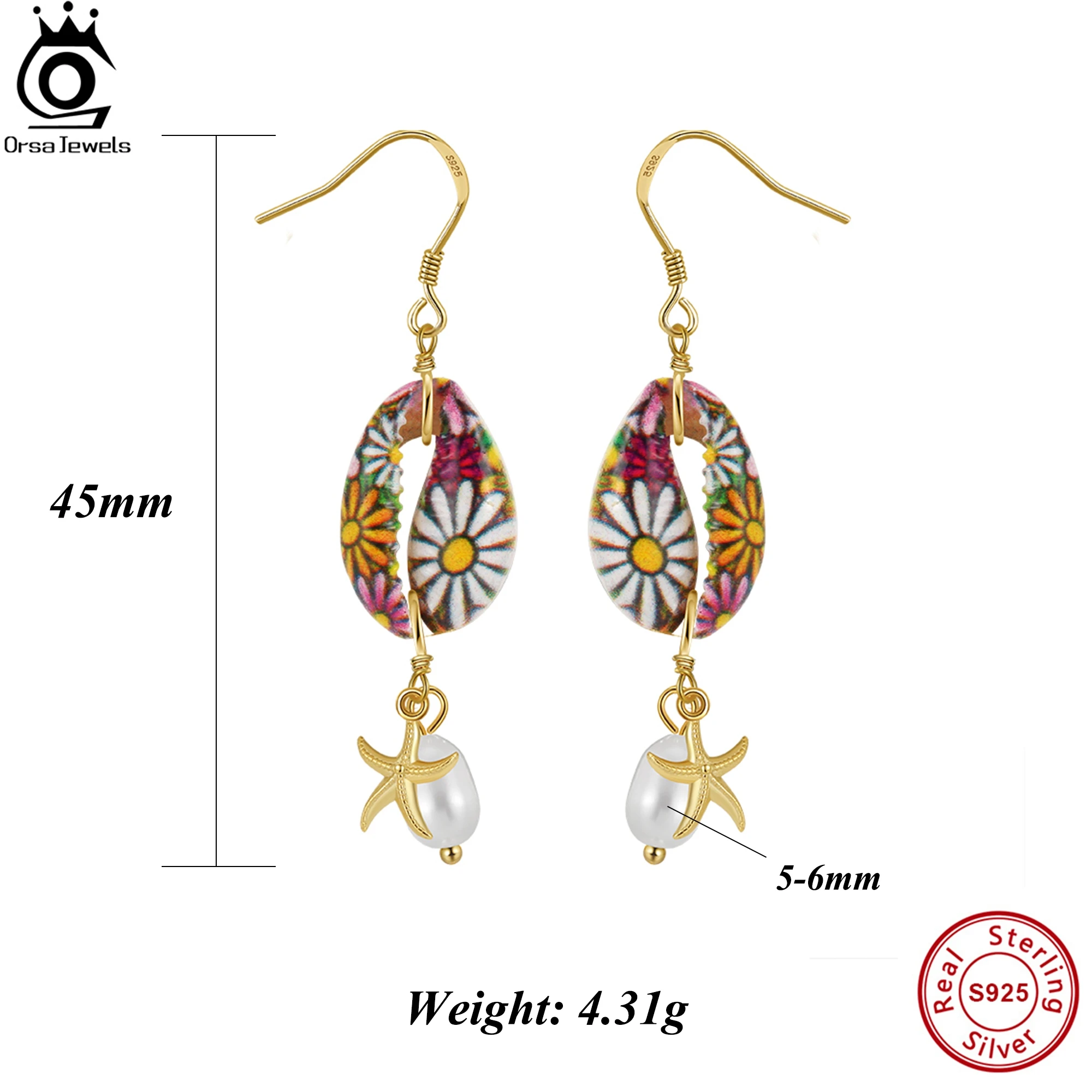 

ORSA JEWELS 14K Gold Natural Freshwater Pearl Dangle Earrings & Starfish Ornament Floral Style Summer Jewelry Beach Gift GPE117