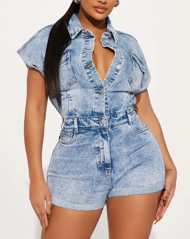 

Jumpsuit Women 2026 New Spring Summer Turn-Down Collar Solid Color Short Sleeved High Waist Slim Fit Casual Denim Romper