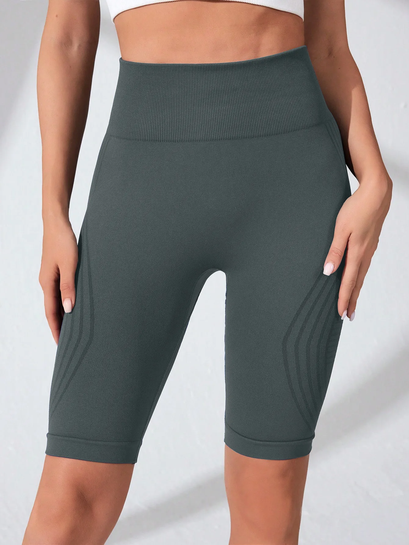 Hoch taillierte, nahtlose Yoga-Shorts für Damen, gestrickt, schmale Shorts, Workout, Laufen, lineare ästhetische Leggings, dehnbare Hip-Lift-Shorts – Detail 14