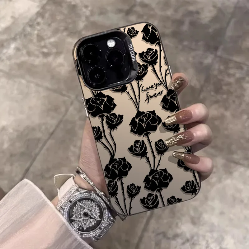 Full Screen of Roses Phone Cases for iPhone 14 15 Pro 11 12 13 ProMax X XR XSMax 12 Mini 7/8 Plus Plated Shockproof Bumper Cover