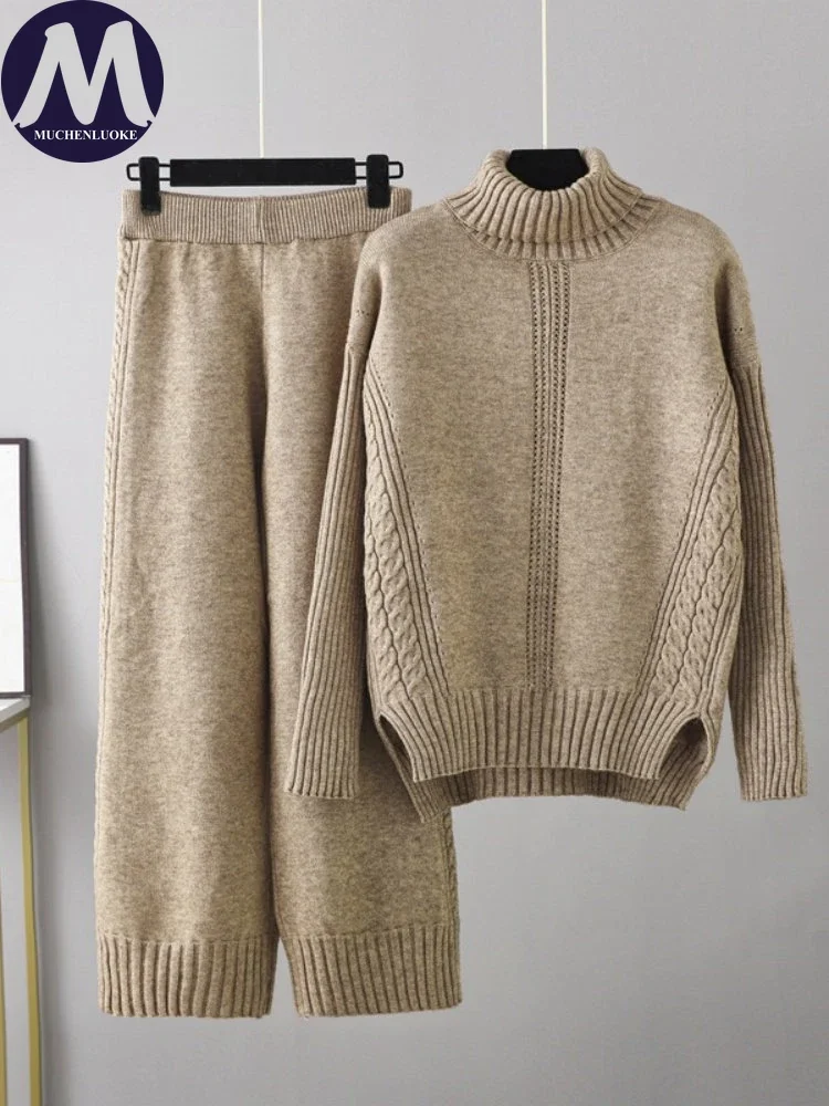 Turtleneck Knit Sweaters and Coats Set for Women, Casual Loose Coats, Elastic Waist, Wide-leg Pants Sets, Autumn, Winter, 2 Pcs