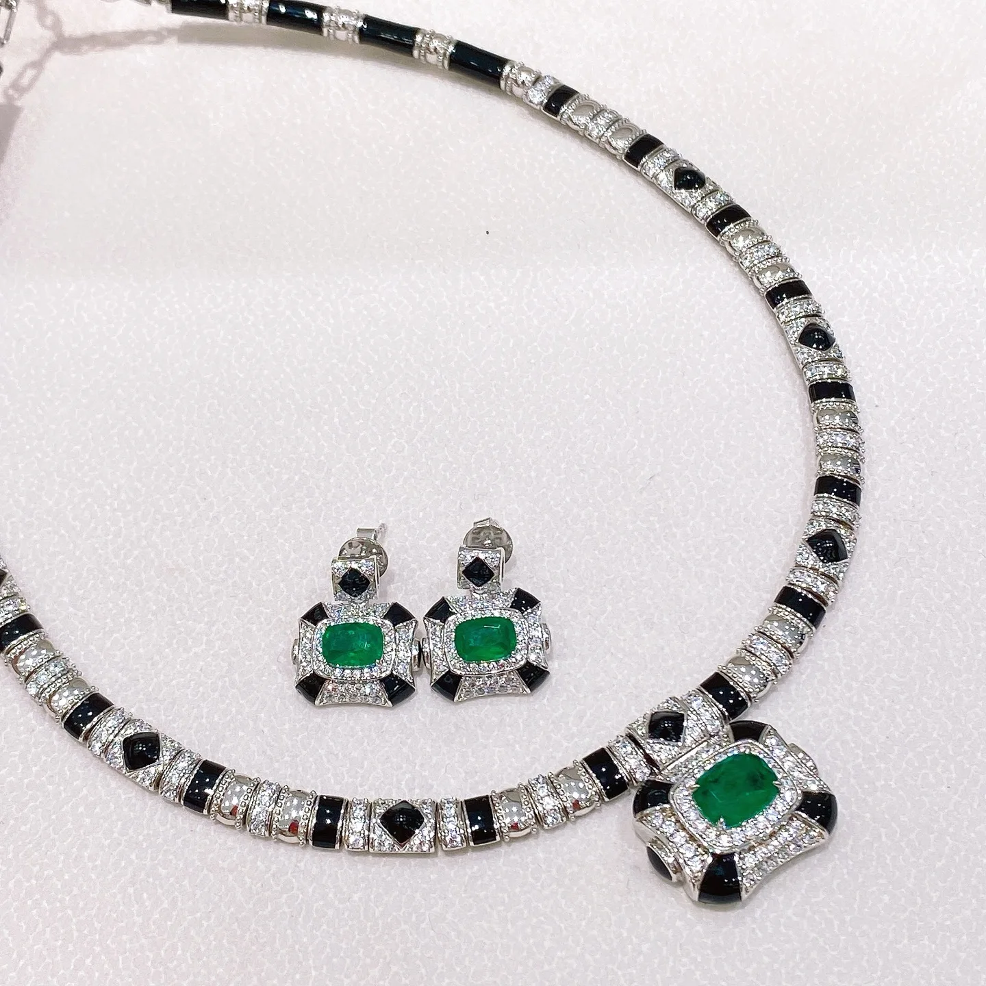 KQDANCE 925 Silver BLack Panther Leopard Print Lab Emerald Ruby Red Corundum Gemstone Choker Necklace Earrings Jewelry Sets