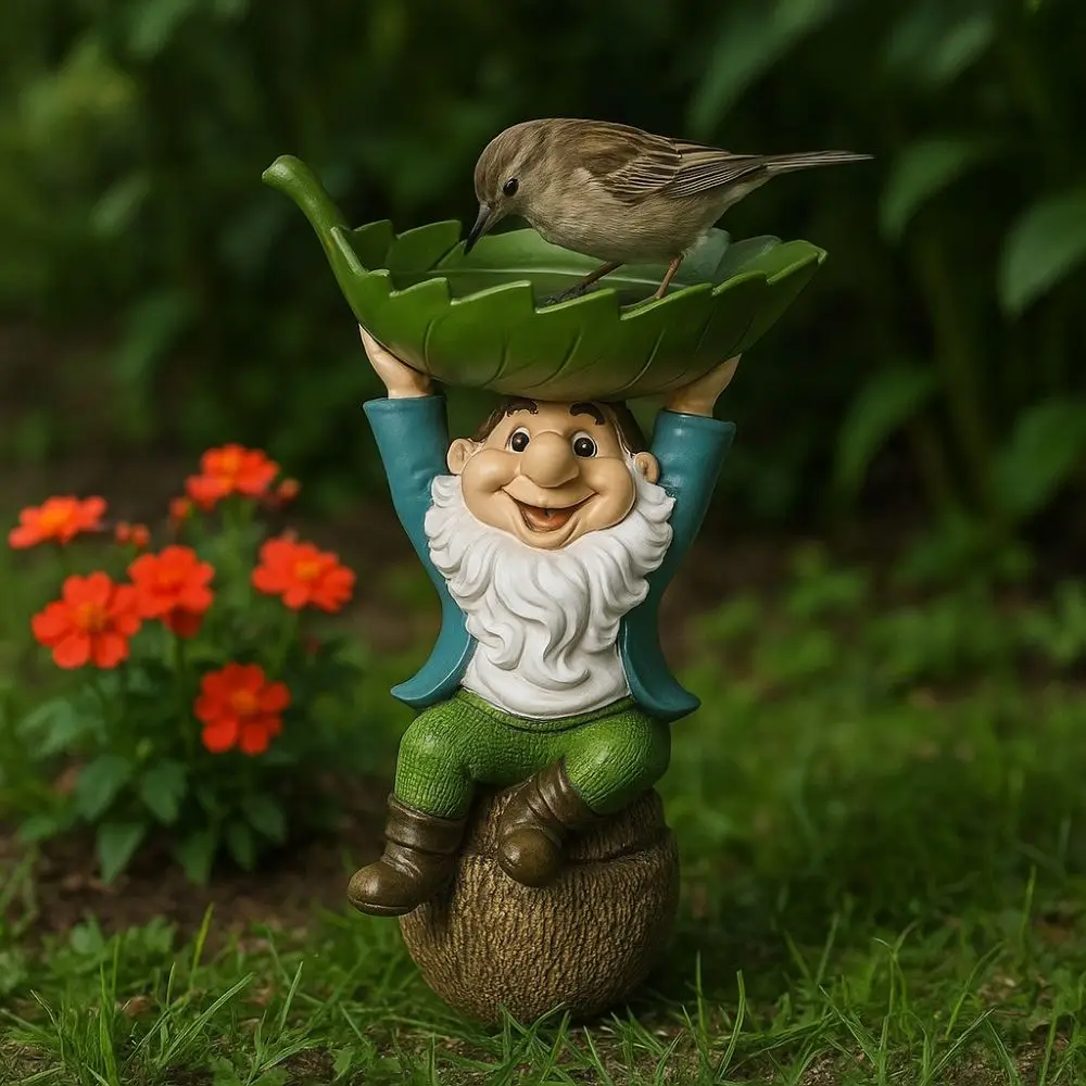 

Creative Cartoon Dwarf Sculpture Holding Leaves Fun Garden Gnome Statue Resin Bird Feeder Garden Decor