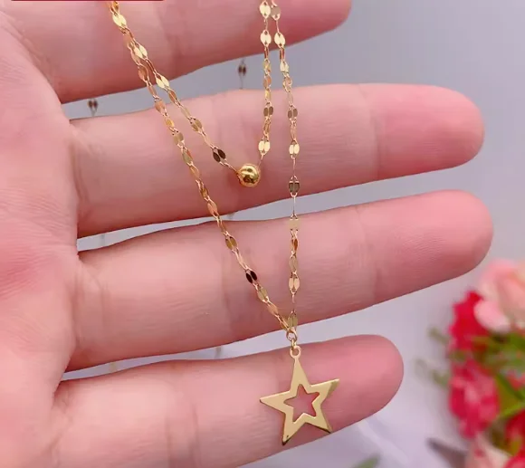 au750 jewelry real gold 18k chain necklaces for women fine gold double layer necklace gold star chains 1.3mm 42-45cm adjustable