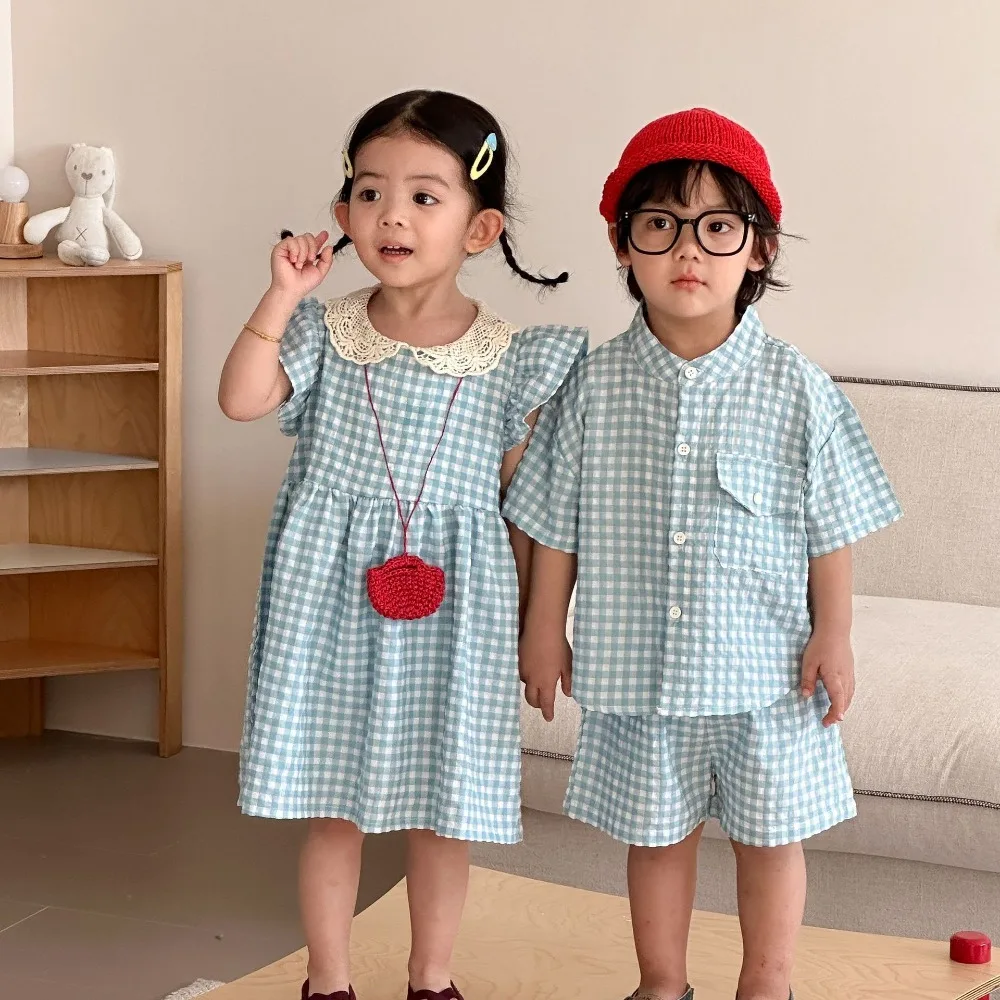 2026 Summer Kids Plaid Shirt Set, Boys Outfit & Girls Dress, Sibling Matching Brother Sister Wear for  80-150cm