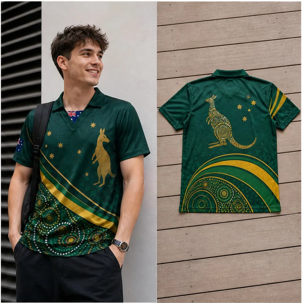 Mens Australia Kangaroo Star Stripe Semi Polo V Neck T Shirt Short Sleeve Casual Streetwear Top in Modern Green Gold Style Trend