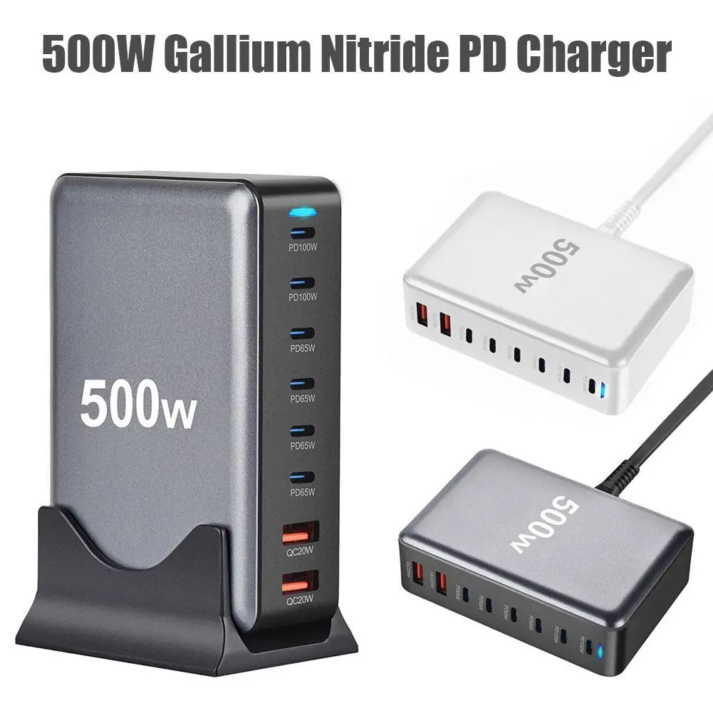 New 500W GaN PD Charger 6C2A Multi-Power 8-Port Desktop Charger USB Type C Fast Charge Phone Adapter For MacBook  IPhone 