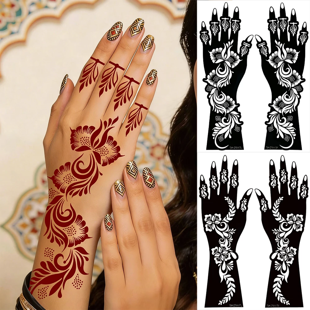 

1 пара трафаретов для хны, трафареты для татуировок на руки с цветочными узорами для женщин, шаблоны для татуировок Мехнди для свадеб, фестивалей, вечеринок, росписи тела