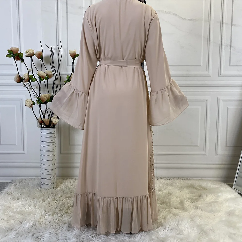 Imagem -02 - Feminino Lantejoulas Borla Chiffon Aberto Abaya Eid Kimono Dubai Turquia Vestido Muçulmano Jalabiya Islâmico Kaftan Vestido Ramadan