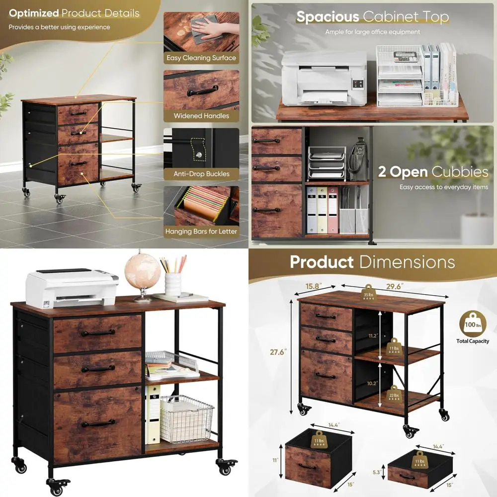 

Мобильный шкаф для документов с 3 ящиками и подставкой для принтера, цвет рустик-коричневый, для офиса/дома, для компактных помещений