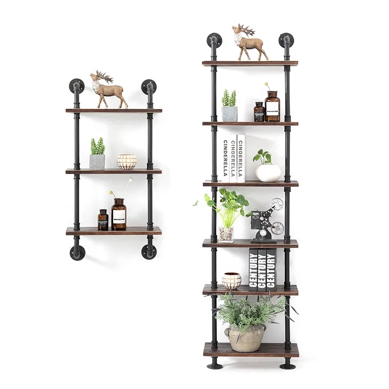 

Loft industrial water pipe wall bookshelf solid wood floor rack solid wood bedroom living room decorative
