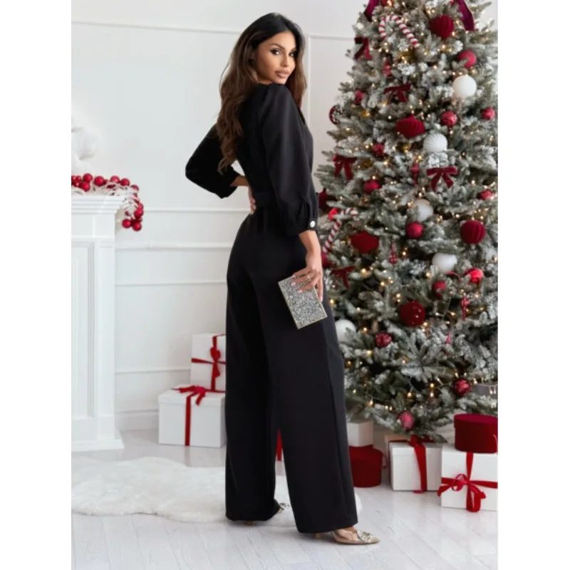 Women's Fashion V Neck Solid Color Jumpsuit Ladies Casual Long Sleeve Overall Loose Pants High Waist Solid Color Jumpsuit