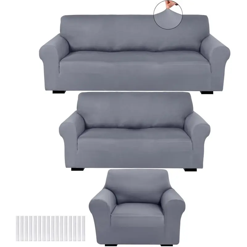 3pcs Slipcover Set for Couch | Light Gray, Form Fit Stretch, Wrinkle Free, Furniture Protector, Woven Plain Weave, Contemporary