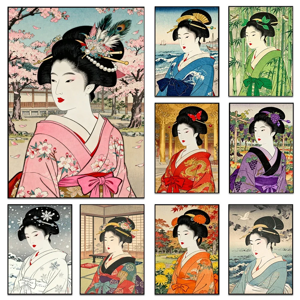 Vintage Japan Geisha Wall Art Japanese Posters Print For Living Room Decor Classical Beautiful Women Portrait Canvas Painting