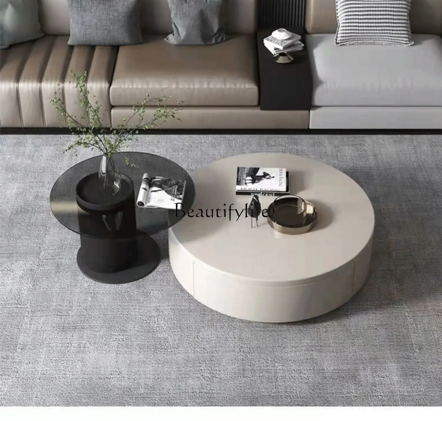 Italian rock slab solid wood paint round coffee table Nordic minimalist small apartment household coffee table