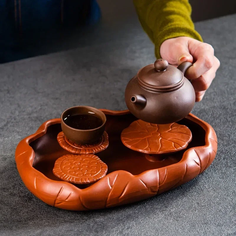 Bandeja té Rectangular Kungfu Puer, diseño loto, bandeja té negra multifuncional con drenaje, arena púrpura china ma