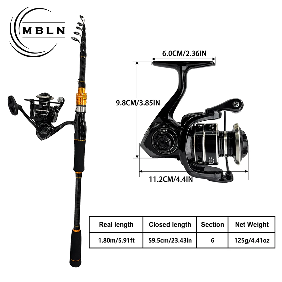 MBLN Juego Completo de Caña Pesca Telescópica con Carrete y Señuelos