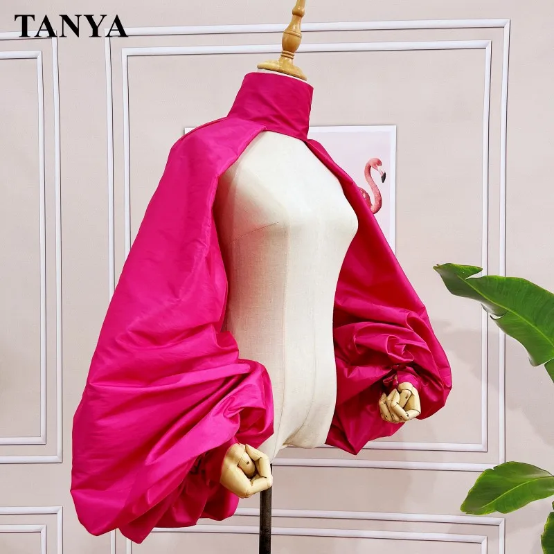 fuchsia-taffeta-detachable-puffy-sleeves-jacket-for-wedding-fashionable-evening-dress-wrap-bolero-high-collar-lady-shawl