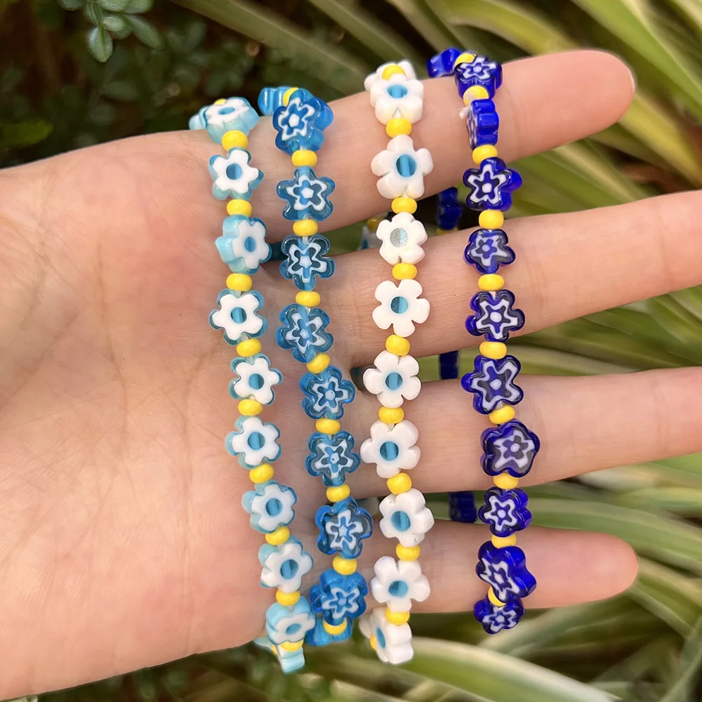 Millefiori Glass Flower Beaded Bracelet Handmade Stretch Elastic Bracelet Colorful Murano Floral Bead Bangle Boho Summer Jewelry