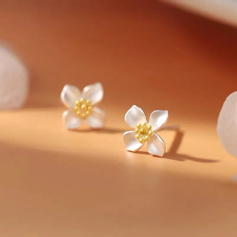 

Real 925 Sterling Silver Mini Matte Flower Plant Stud Earrings For Women Classic Fine Jewelry Exquisite Light Luxury Accessories