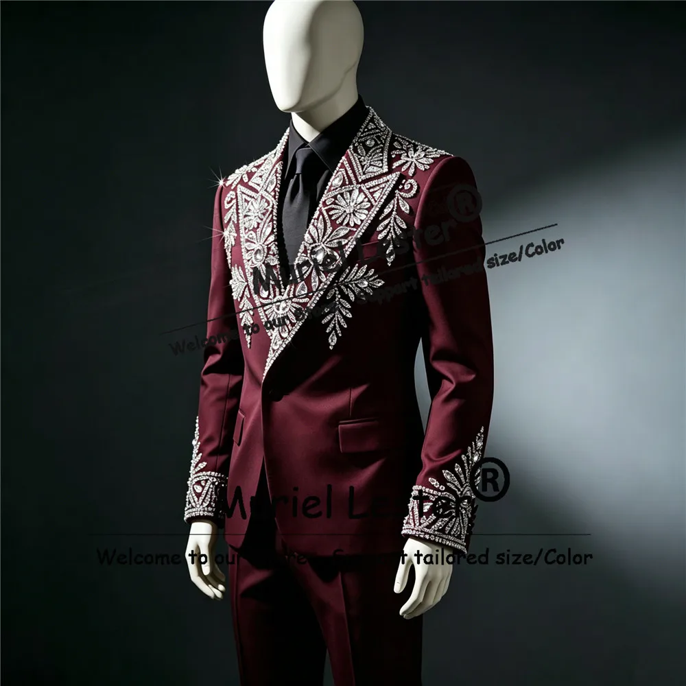 

Brilliant Suit For Wedding Diamond Beading Label Jacket Pants 2 Piece Sets Groom Tuxedos Customized Single Breasted Man Outfits