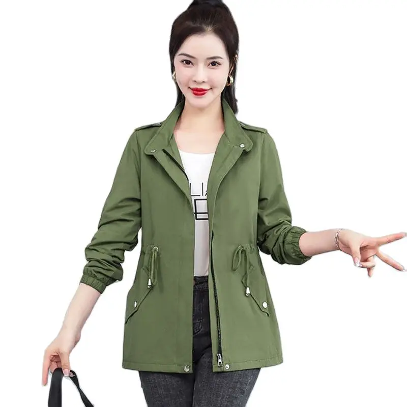 

2022 Spring Autumn New Style Women Short Windbreaker Bring Lining Leisure Slim Fit Long Sleeves Stand Collar Ladies Trench Coat