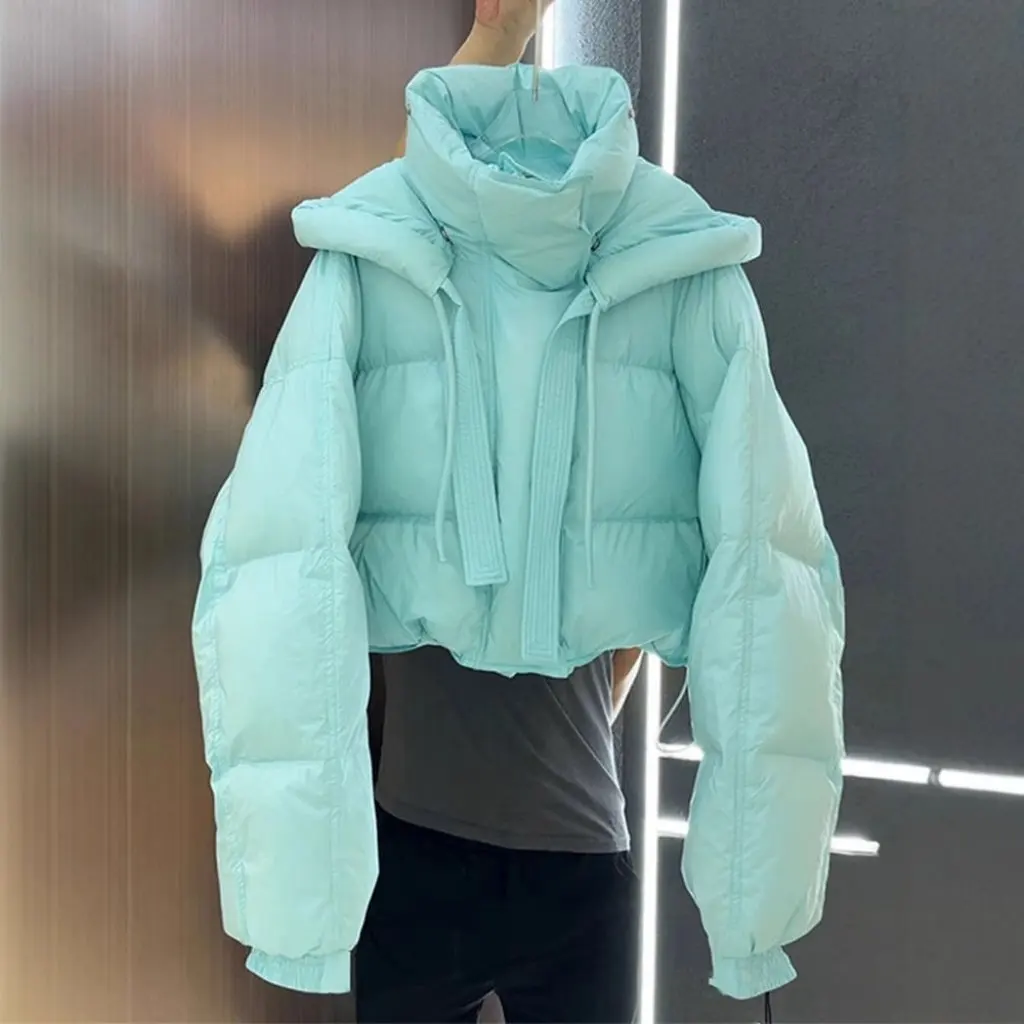 

Korean High-End Women's Blue Cotton Outwear Winter Hooded Jacket Warm Thickened Bread Style Small Size