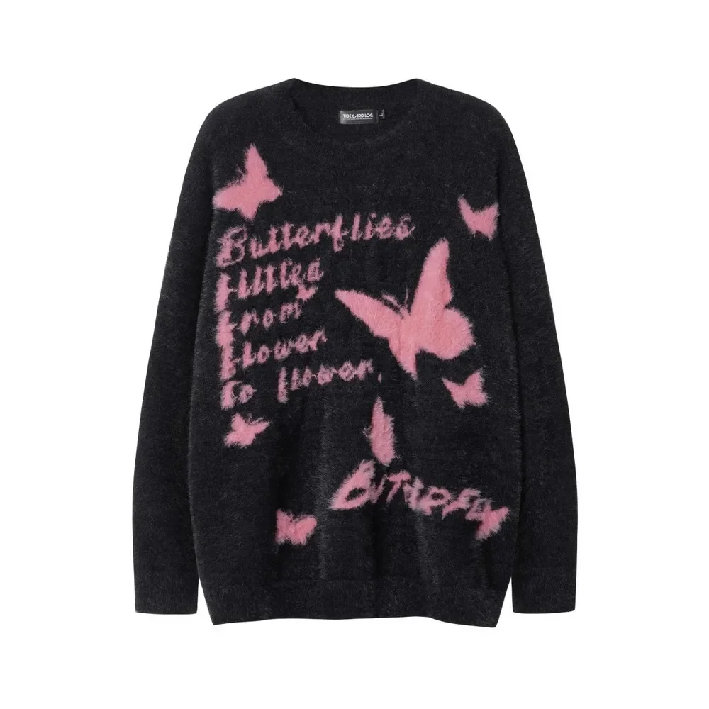 Butterfly Letters Kintwears Oversize Goth Sweaters for Women Men Gothic Punk Y2k Streetwear Couple Winter Clothes Pullover