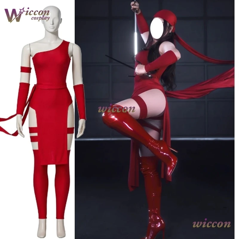 

ohy/ Elektra Natchios Cosplay Costume Women's Sexy Red Battle Suit Full Set With Bandana Halloween Party Superhero Outfits