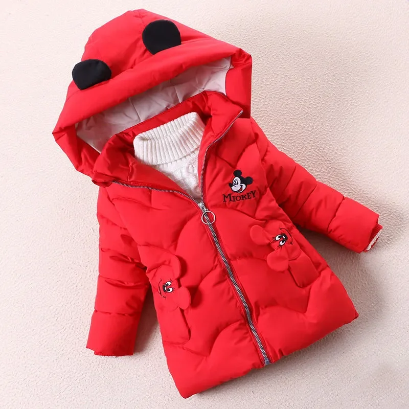 Mickey Mouse Minnie Winter Jackets Coat Baby Girl Hooded Warm Cotton-Padded Jacket Toddler Kid Clothes Thicken Cartoon Outerwear