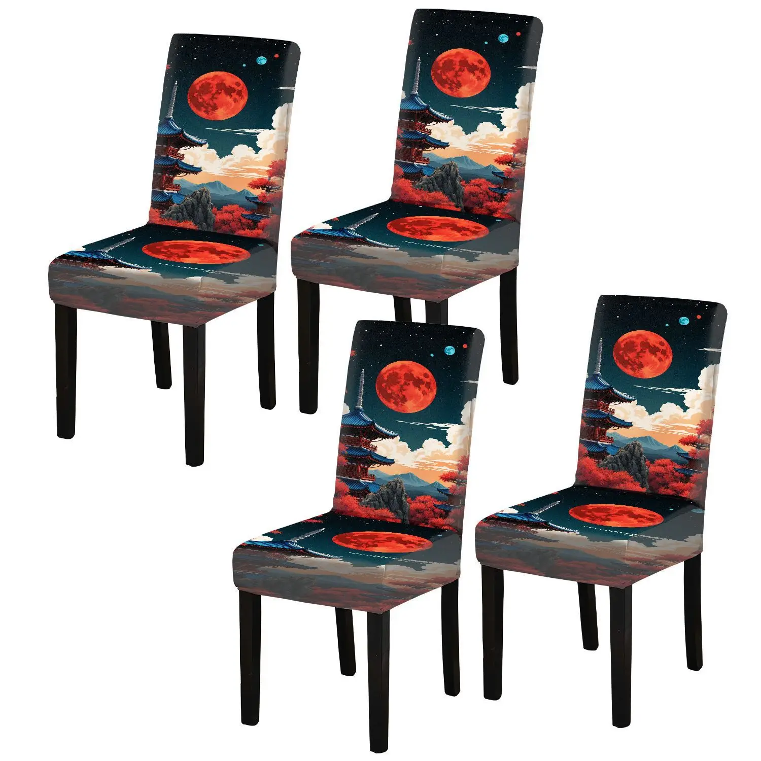 Elastic printed dining chair cover, removable and washable anti-grab dining chair cover, illustrated night scene pattern