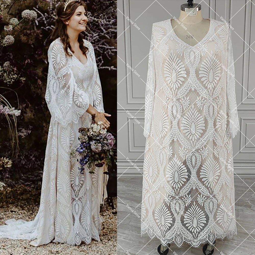 Overweight Bohemian Lace Scoop Long Flare Batwing Sleeves Wedding Dress Customized Boho A Line Closed Back Buttons Bridal Gown