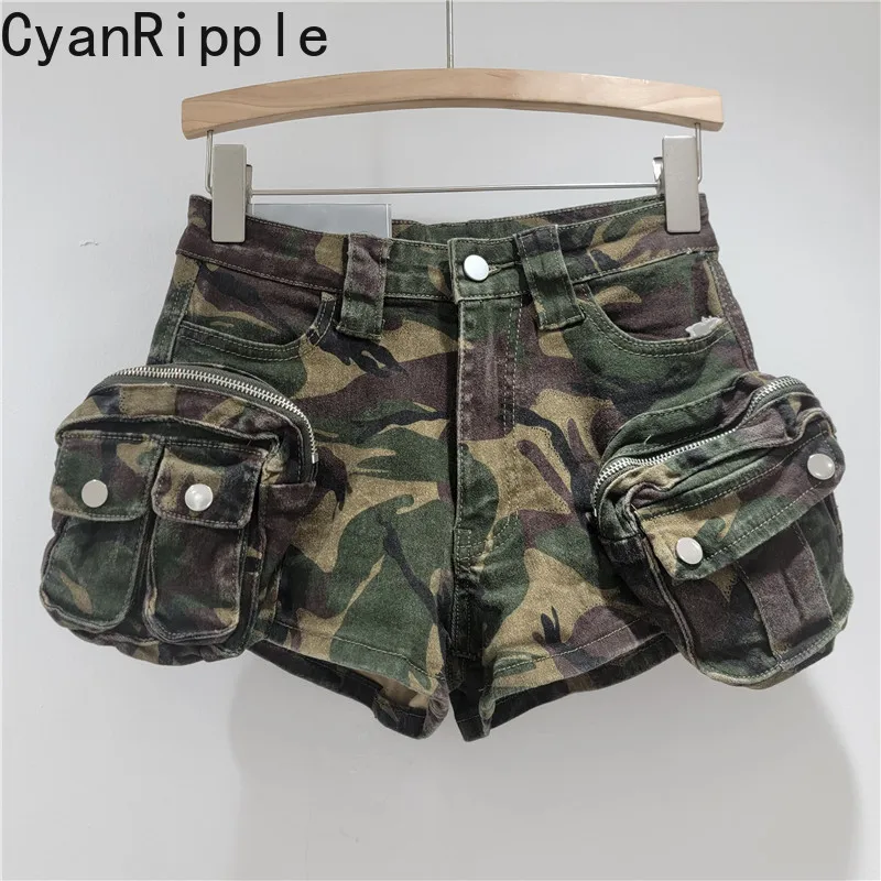 American Retro High Street Hot Chick Camouflage Shorts New Spring Summer 3D Zip Multiple Pockets Low Waist Leopard Cargo Pants
