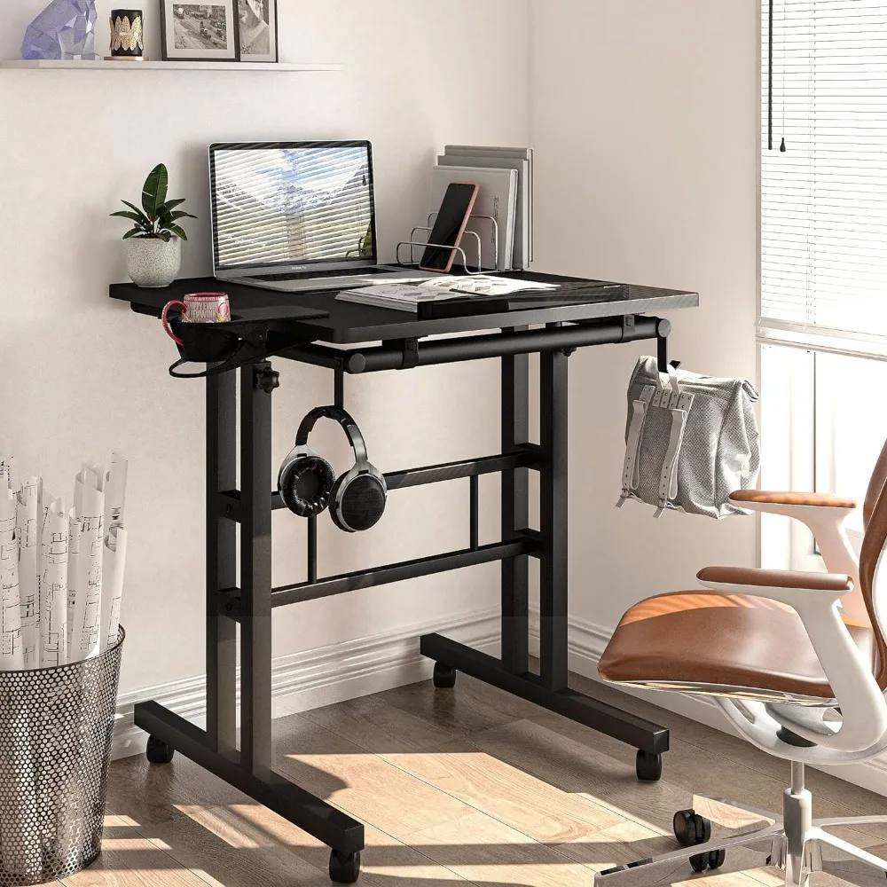 Altura ajustável em pé Desk com suporte para copo, preto, portátil, fácil de mover, ideal para casa ou escritório