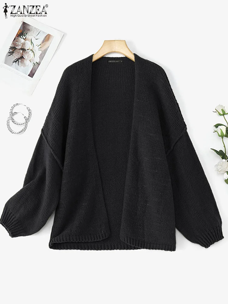

ZANZEA Women Fashion Knitted Black Cardigans 2025 FW Long Lantern Sleeve Open-Front Solid Color Loose Sweaters Lazy Weekend Wear