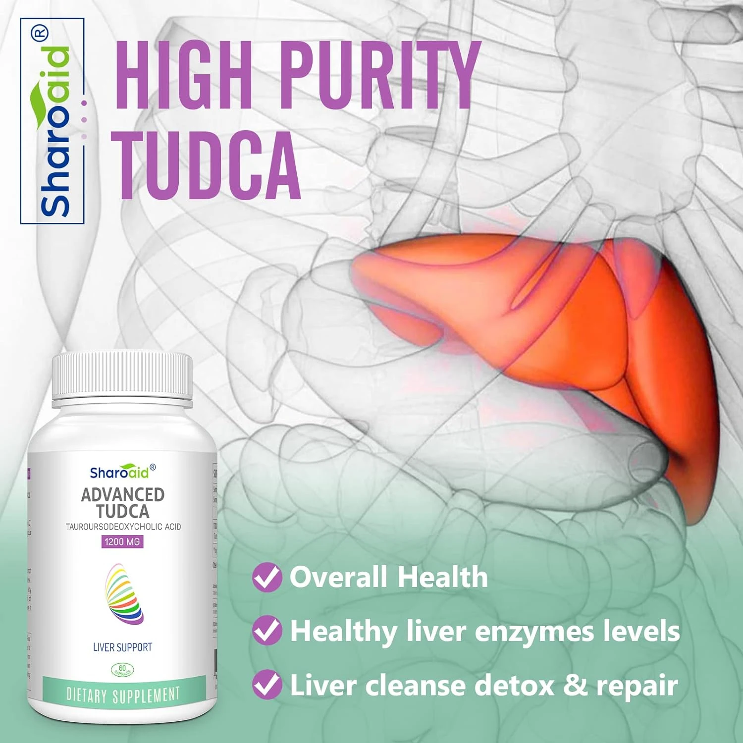 

TUDCA Liver Support Supplements 1200mg - High-purity Taurine Bile Salt, Liver Cleansing Support, Non GMO, 60 Capsules