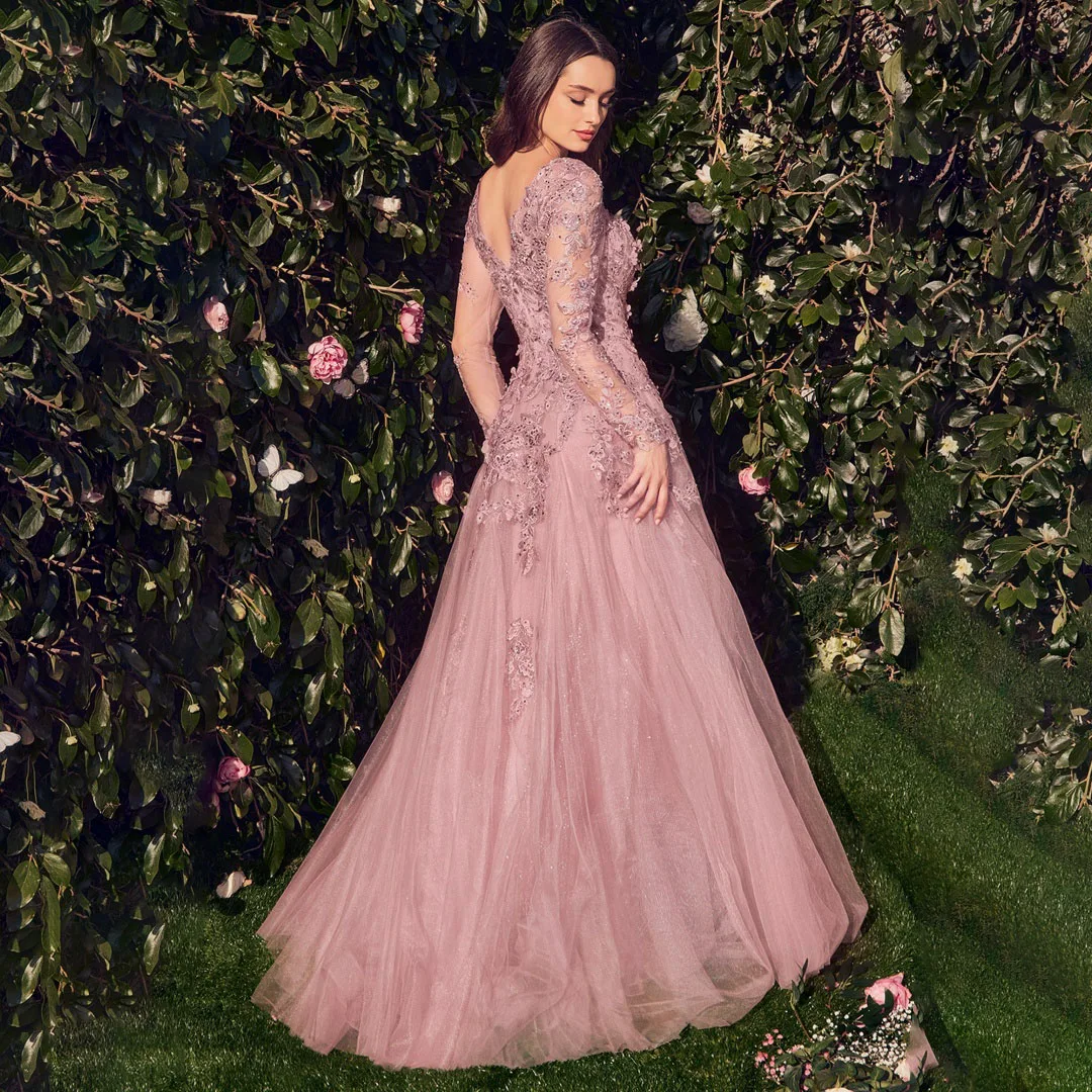 فساتين سهرة أنيقة لامعة بأكمام طويلة ورقبة دائرية زهور ثلاثية الأبعاد مزينة بالدانتيل للحفلات الراقصة للنساء على شكل حرف a بدون ظهر لحفلات الزفاف #5