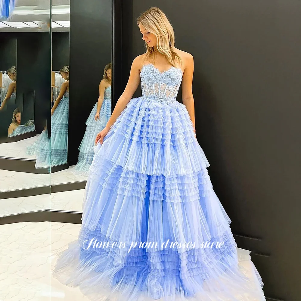 

Flowers Sweetheart Evening Gowns Lace Applique Party Dress Tiered Layers Ball Princess Gowns vestidos de fiesta Customized