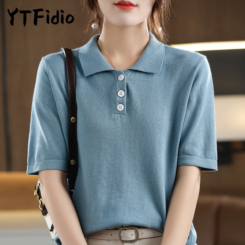 YTFidio - Camisa Polo de Mujer 100% Algodón, Color Sólido, Tres Botones, Ropa de Diseñador de Lujo, Tallas Grandes, Liquidación 499