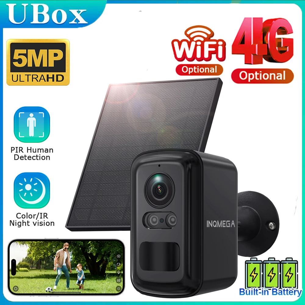 INQMEGA 5MP Solar Security Camera 4G WIFI Outdoor Color Night Vision Battery Powered Support PIR IP66 Waterproof 2-Way Audio