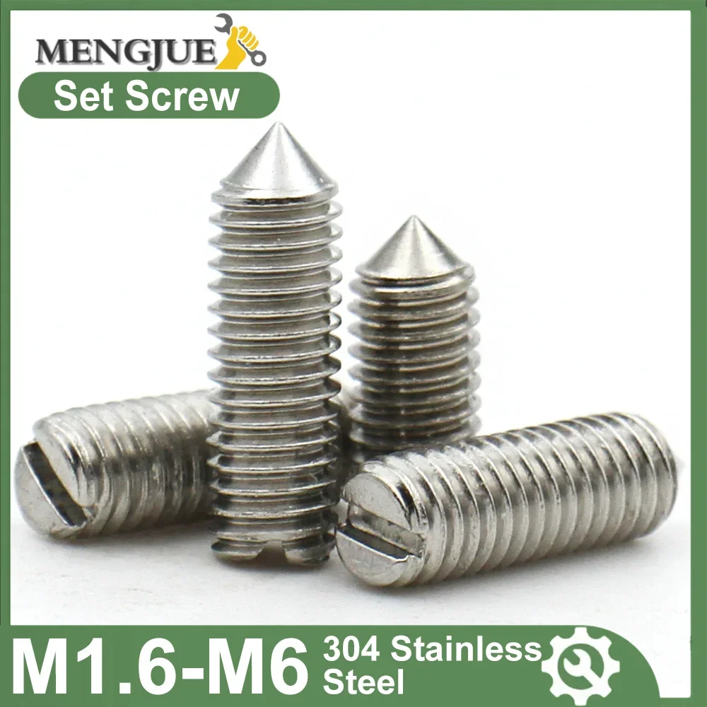 10pcs/lot M1.6 M2 M2.5 M3 M4 M5 M6 304(A2-70)Stainless Steel Slotted Set Screws With Cone Point GB78 Machine Thread Grub Screw