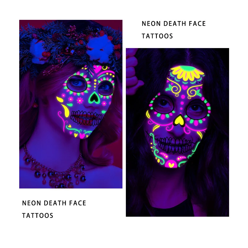 

Day of the Dead Fluorescent False Tattoo Neon Halloween Stickers Print Temporary Tattoo Party Festival Face Dress Up for Woman