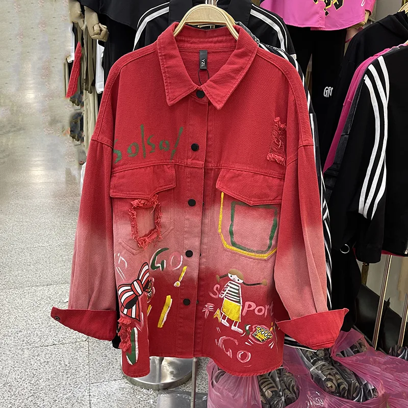 

2024 Autumn Street New Women's Denim Jacket Shirt Washed and Used Graffiti Fashionable Casual Loose Medium length Tops Y2k