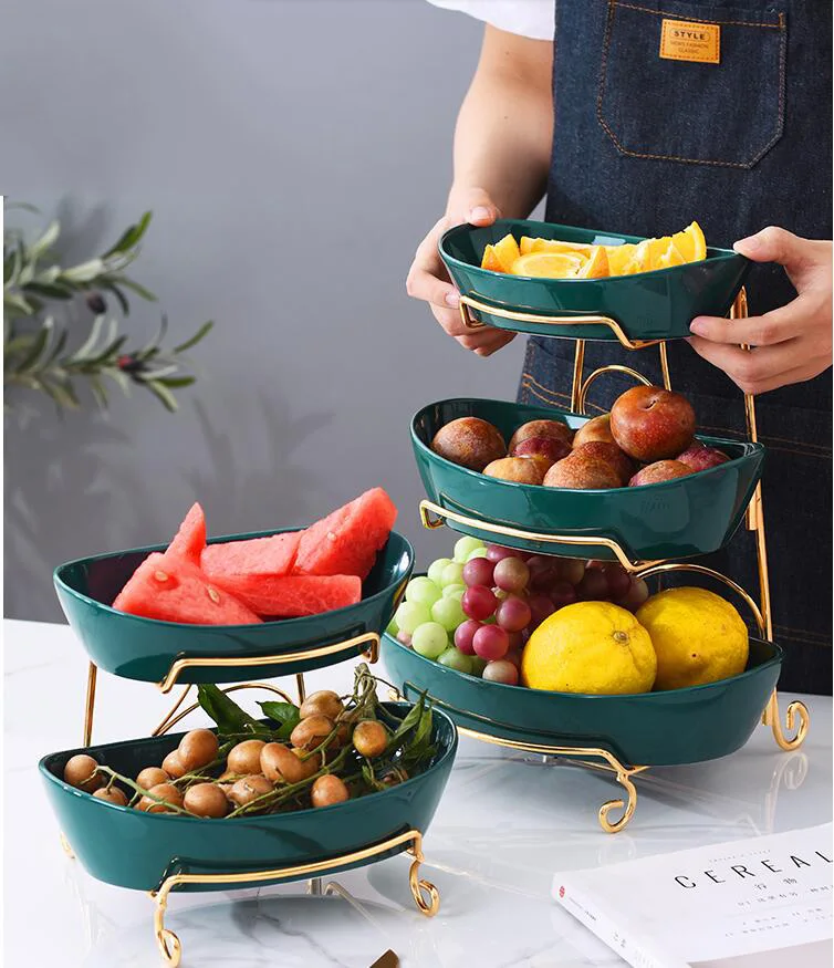 

Nordic Luxury Ceramic Fruit Bowl Decoration Home Livingroom Snack Basket Tea Table Two-tier Three-tier Household Plate Crafts