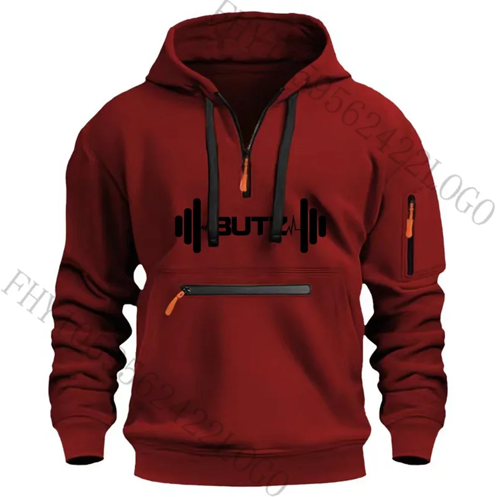 2024 Autumn and winter new men\'s outdoor leisure fitness running sports clothing fashion multi-zipper arm pocket hoodie