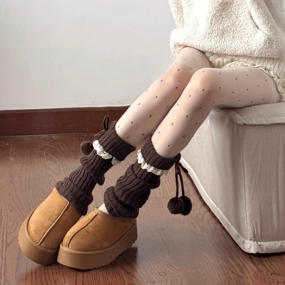 New Women's Socks Solid Color Lace Edge Plush Ball Bow Playful, Thick and Warm Autumn/Winter Knitted Lolita with Multi Colors