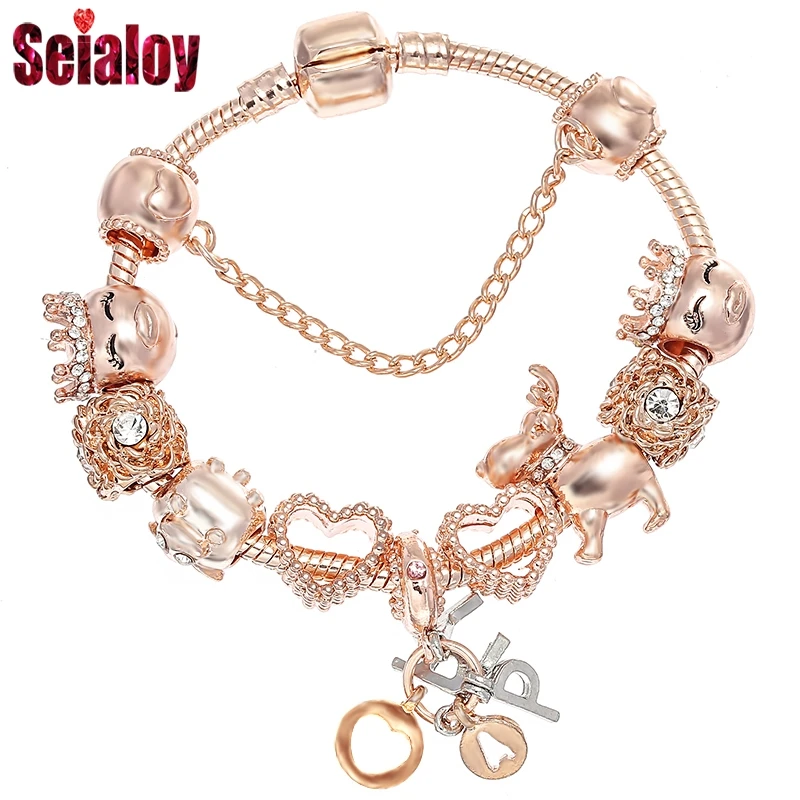 Seialoy Rose Gold Color Bracelet & Bangles For Women Princess Elk Bead HAPPY Charm Bracelets Fit Girl Couple Friendship