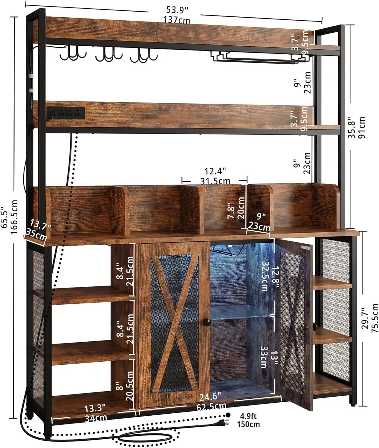 IRONCK-armario de barra de café con toma de corriente, gabinete de Buffet Industrial con tira LED y soporte de vidrio, armario de licor de 3 niveles