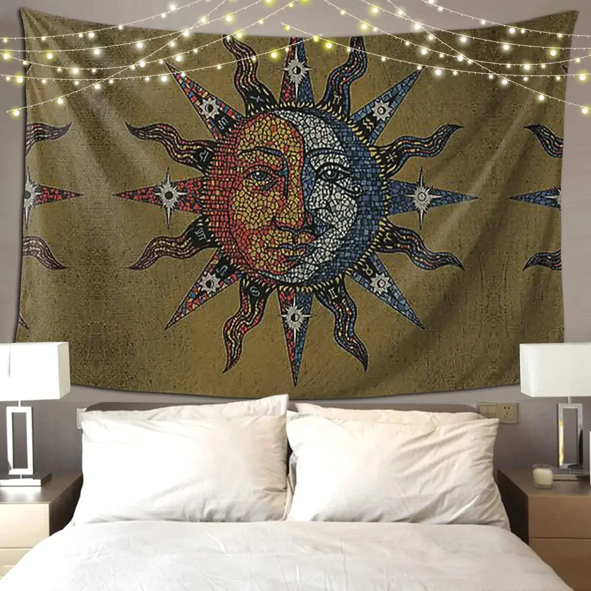 Vintage Celestial Mosaic Sun And Moon Tapestry Funny Wall Hanging Home Decoration Tapestries for Living Room Bedroom Dorm Room