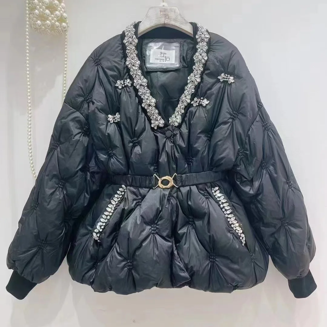 Parkas de manga larga con cuello en V para mujer, chaqueta acolchada de un solo pecho con cuentas de diamantes, abrigo informal de plumón de pato blanco, otoño e invierno, novedad de 2022